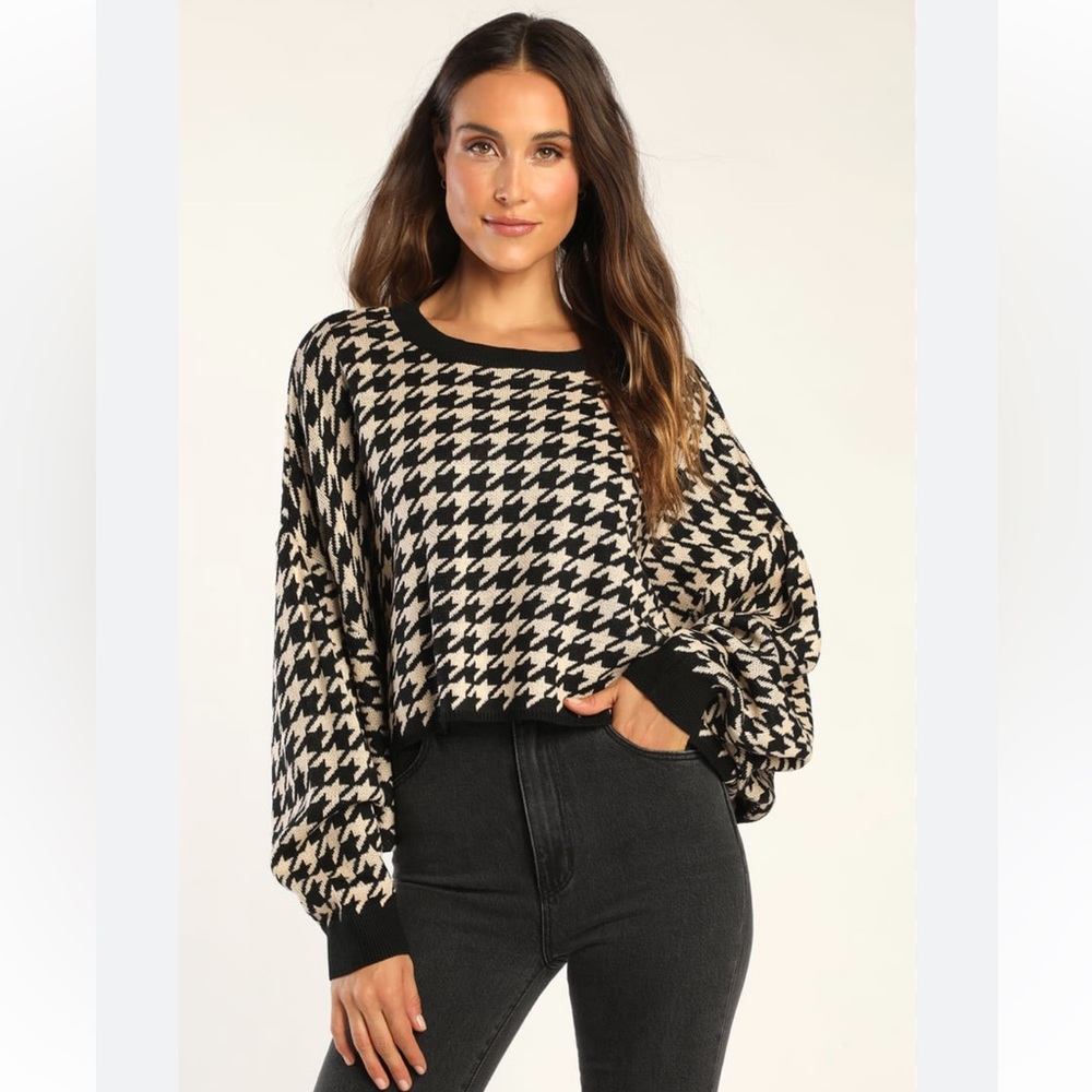 Lulu’s Autumn Arrival Black & Beige Houndstooth Dolman Sleeve Sweater Size Small